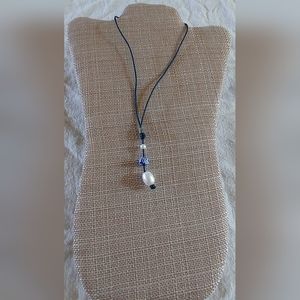 Handmade White Pearl & Blue/White Bead And Navy Blue Leather Necklace
